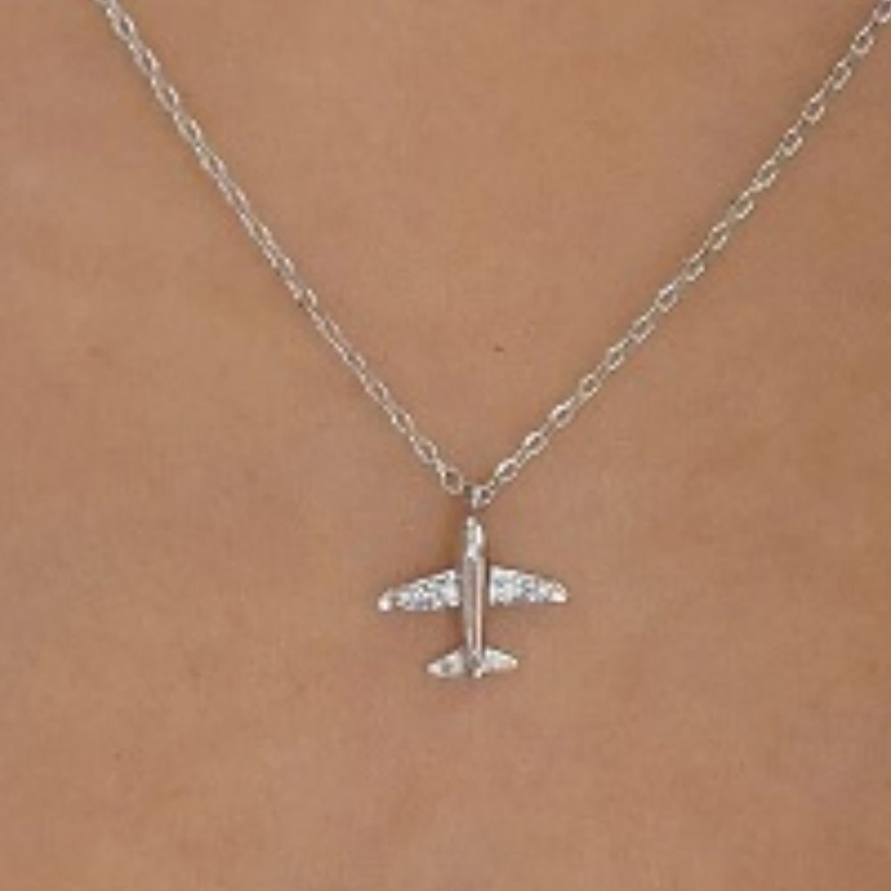 Silver Colored Rhinestone Airplane Pendant Necklace